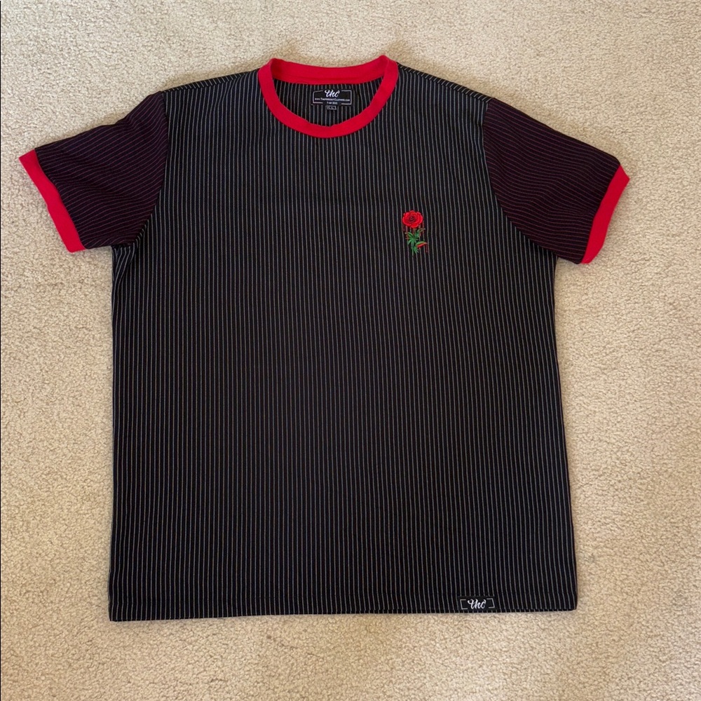 Black and Red Striped Tee with Rose Embroidery